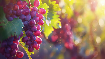 Wall Mural - Branch of red grapes in vineyard, close up. Vineyard background. Space for text.