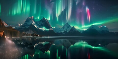 ethereal image depicting the aurora borealis illuminating the starry night sky above a silhouette of