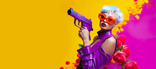 Wall Mural - cosplay or fantasy costume with woman in colorful clothing coat and holding a gun mockup.strong and fighter concepts art.fashion ideas backgrounds