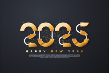 Wall Mural - Happy new year 2025 typographic text poster design celebration. Glowing golden numbers and dark background vector illustration.	