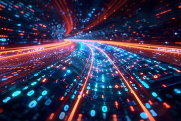 Poster - The digital technology scene vividly displays a dynamic and interconnected realm of binary code, symbolizing advancement, connectivity, and growth within the industry.