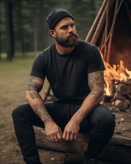 Wall Mural - Male model posing outdoors with plain blank black canvas t-shirt mockup