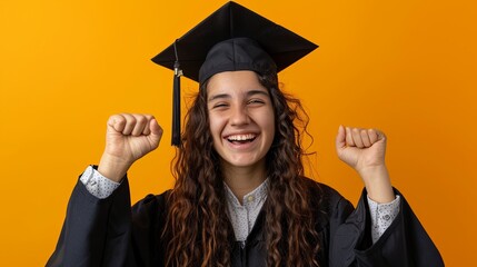 Wall Mural - Study, education, university, college, graduate concept on yellow banner. Happy and excited portrait of young woman blond student girl in hat of graduation isolated
