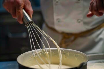 closeup of a chef whisking a creamy emulsion