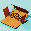 Surreal Image of a Mountain Bike Partially Emerging from an Orange Cardboard Box