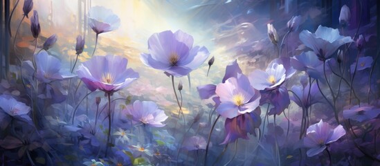 Wall Mural - A beautiful painting capturing purple flowers in a sunlit field, showcasing the vibrant colors and delicate petals of the flowering plants