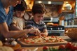 A woman and two children actively participating in making a pizza together, preparing ingredients and shaping the dough
