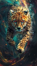 A Cheetah In Midleap, Blending With Colorful Swirls Of A Wormhole, With The Reflection Of Pisto And Japchae Creating A Mesmerizing Kaleidoscope Effect 