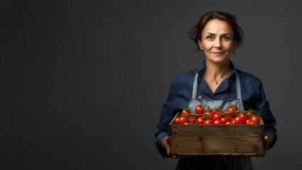 Confident mature woman chef in blue apron holds a crate filled with fresh red tomatoes