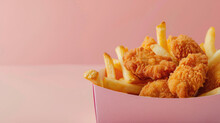 Chicken Nuggets And French Fries On Pink Background 