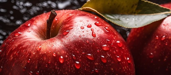 Wall Mural - A closeup image of two red apples with water drops on them, showcasing these seedless fruits as natural foods rich in nutrients and fluid