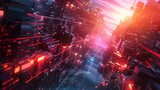 Fototapeta Do akwarium - A vibrant, abstract digital cityscape bathed in neon lights, with a sense of speed and movement through a futuristic urban environment.