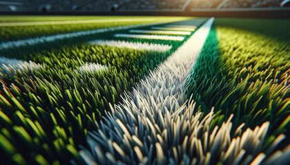 Wall Mural - A close-up view of vibrant green grass with distinct white lines painted on it, indicative of a football field.