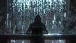 An illustration of Cyber crime. A boy wearing a hoodie hacking into data on a laptop, ash grey ambience, with a matrix style data back drop