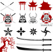 Set of karate school labels, emblems and design elements. Katana sword fight school.  Vector illustration.