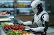 A robot cooks in the kitchen of a restaurant or cafe
