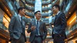 3 Asian businessmen casually talking to each other inside a massive skyscraper building