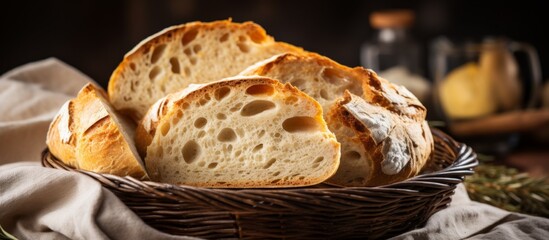 Sticker - A basket filled with slices of bread made from biga, a key ingredient in ciabatta recipe. This staple food is a popular dish in Italian cuisine, perfect for serving with meals or as a snack