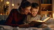 A mother reading a bedtime story book to her child at night.Reading for helps kids' brain development concept.