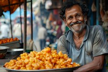 Happy Indian Man Street Food Seller, Selective Focus
