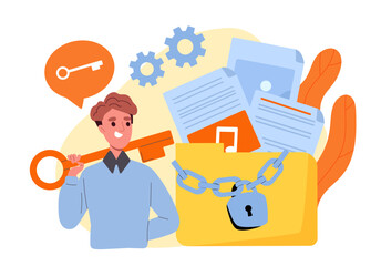 Poster - man open folder concept. young guy near documents and files. electronic information in storage or ar