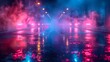 Neon lights reflecting off a wet asphalt, smoke rising up from the ground, empty street lit with street lights and neon lights
