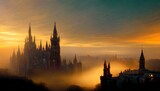 Fototapeta Big Ben - a dark gothic city with mist at night