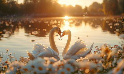 Wedding themed photo of two beautiful swans outdoor in a  green park and they are carrying golden ring