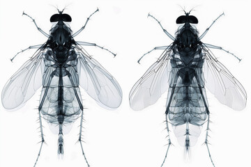 Creative macro photo of two flies,  directly above photo, x-ray effect on white background.