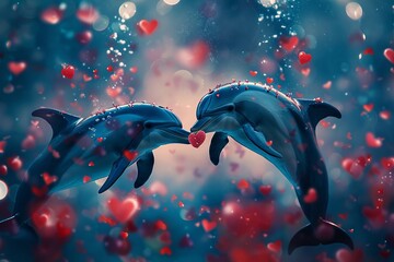 Create a heartwarming scene where two beautiful dolphins carry valentine shaped hearts in their mouths  in a deep blue romantic underwater setting surrounded by red valentine hearts