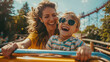 Joyful Mother and Son Enjoying Roller Coaster Ride at Summer Theme Park