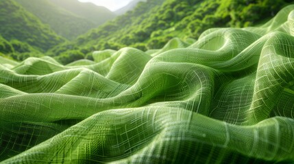 Wall Mural -  a close up of a green cloth with mountains and trees in the backgrouds of the image in the background.