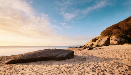 Wall Mural - rock stone stage in nature with sand beach seashore landscape and blue sky background well editing montage display product tourism