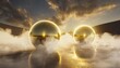 two bright neon glowing spheres in thick smoke over the concrete surface futuristic world landscape background with illumination objects for banners posters 3d rendering modern design