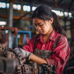 : Mechanic, A capable woman repairing a car engine, Auto repair shop background, woman, diversity --s