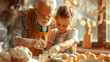 3D render showcasing a grandparent teaching their grandchild to bake, a moment frozen in time, rendered in a detailed photographic style with watercolor highlights, close-up and featuring copy space