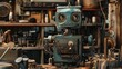 A closeup, realistic portrait of a vintage robot being repaired in an old workshop, filled with tools and mechanical parts, highlighting the contrast between obsolete technology and modern innovation