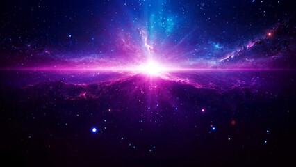 swirling blue and purple galaxy with a bright white light at its center. the light casts long rays o