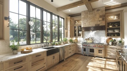 Wall Mural -  a kitchen with a lot of counter space and a big window that has a view of the outside of the house.