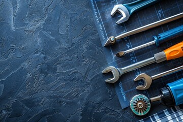 Image of engineering objects on workplace,tool equipment with solar panel.