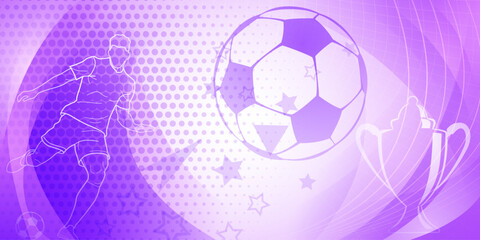 Wall Mural - Football themed background in purple tones with abstract dots, lines and curves, with sport symbols such as a football player, ball and cup