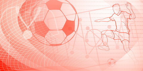 Wall Mural - Football themed background in red tones with abstract dotted lines, meshes and curves, with sport symbols such as a football player, stadium and ball