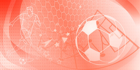 Sticker - Football themed background in red tones with abstract meshes and curves, with sport symbols such as a football player, ball and stadium