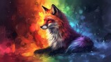 Fototapeta Dziecięca -  a painting of a red fox sitting in front of a rainbow colored background with stars and a building in the background.