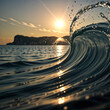 Ocean and sea waves. Photo of an ocean wave, with the sun setting in the background. The water is crystal clear and reflects the warm hues of sunset, creating a serene atmosphere. Calm atmosphere. 
