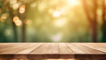 Sticker - blurred background of green park in summer wood table top on shiny bokeh green background for product display