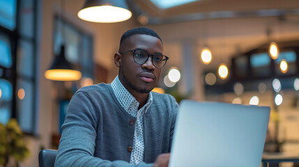 Poster - male software engineer sitting in modern office working on laptop, person wearing glasses working in tech company 