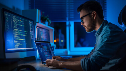 Poster - male software engineer sitting in modern office working on laptop, person wearing glasses working in tech company 