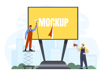 Poster - Outdoors advertising concept. Men in uniform with big banner or poster at city street. Workers with template and mock up, place for text. Cartoon flat vector illustration isolated on white background
