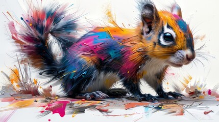 Wall Mural -  a painting of a small animal with colorful paint splatters on it's body and tail, standing in front of a white background.